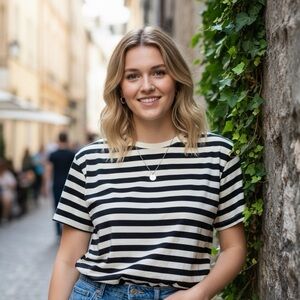 Zara Sz M Relaxed Black And White Striped Nautical Tee Shirt